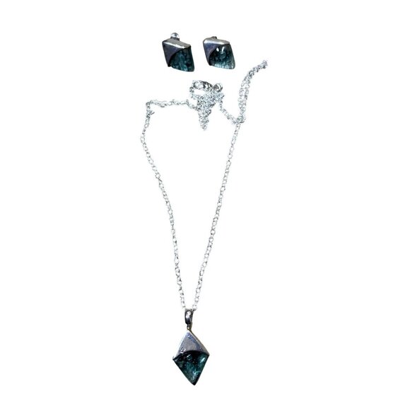 Dichroic Glass Necklace & Earrings Set 925 Sterling Silver Hand Blown Blue Stone - Picture 8 of 10